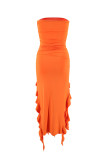 Sexy Solid Tassel Flounce Slit Strapless Irregular Dresses