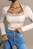Elegant Solid Lace Square Collar Tops