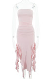 Sexy Solid Tassel Flounce Slit Strapless Irregular Dresses