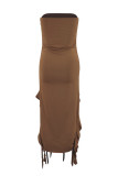 Sexy Solid Tassel Flounce Slit Strapless Irregular Dresses