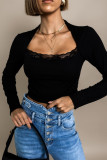 Elegant Solid Lace Square Collar Tops