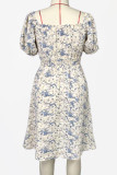 Sweet Elegant Geometric Print Patchwork Square Collar A Line Dresses