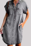 Fashion Street Solid Pocket Buckle Shirt Collar A Line Dresses