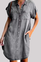Fashion Street Solid Pocket Buckle Shirt Collar A Line Dresses