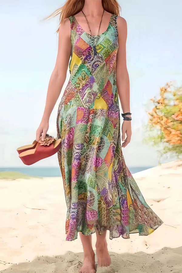 Casual Vintage Geometric Print Contrast U Neck Printed Dresses
