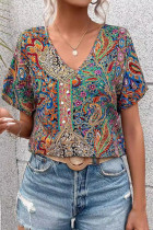 Casual Vintage National Totem Print Contrast V Neck T-Shirts