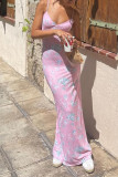 Sexy Print Flowers Backless V Neck One Step Skirt Dresses
