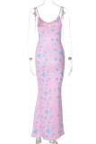 Sexy Print Flowers Backless V Neck One Step Skirt Dresses