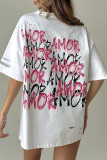Casual Letter Print Ripped Contrast O Neck T-Shirts