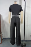 Casual British Style Solid Draw String With Belt O Neck Short Sleeve Two Pieces