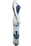 Sexy Vintage Print Flowers Backless U Neck One Step Skirt Dresses