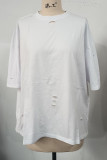 Casual Letter Print Ripped Contrast O Neck T-Shirts