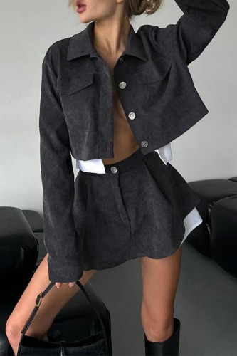 Sexy British Style Solid Buttons Turndown Collar Long Sleeve Two Pieces