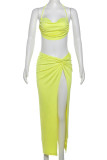 Sexy Vacation Solid Slit Fold Rhinestone Halter Sleeveless Two Pieces