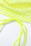Sexy Vacation Solid Slit Fold Rhinestone Halter Sleeveless Two Pieces