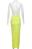 Sexy Vacation Solid Slit Fold Rhinestone Halter Sleeveless Two Pieces