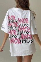 Casual Letter Print Ripped Contrast O Neck T-Shirts