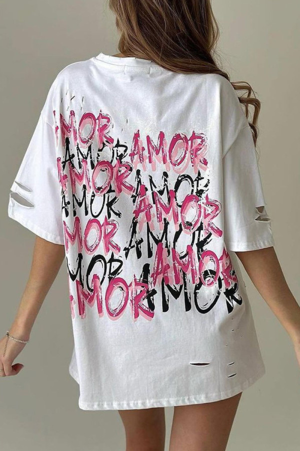 Casual Letter Print Ripped Contrast O Neck T-Shirts