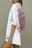 Casual Letter Print Ripped Contrast O Neck T-Shirts