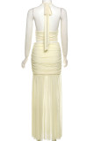 Sexy Solid Backless Fold Mesh Halter Sleeveless Two Pieces