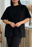 Casual Letter Print Ripped Contrast O Neck T-Shirts
