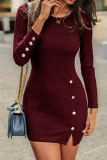 Sexy Solid Buttons Slit O Neck Wrapped Skirt Dresses