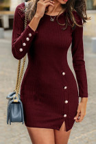 Sexy Solid Buttons Slit O Neck Wrapped Skirt Dresses