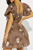 Sexy Vintage Print Flowers Fold Square Collar A Line Dresses