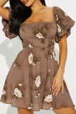Sexy Vintage Print Flowers Fold Square Collar A Line Dresses