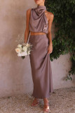 Elegant Solid Fold Turtleneck Sleeveless Two Pieces