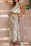 Elegant Solid Fold Turtleneck Sleeveless Two Pieces