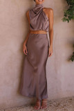 Elegant Solid Fold Turtleneck Sleeveless Two Pieces