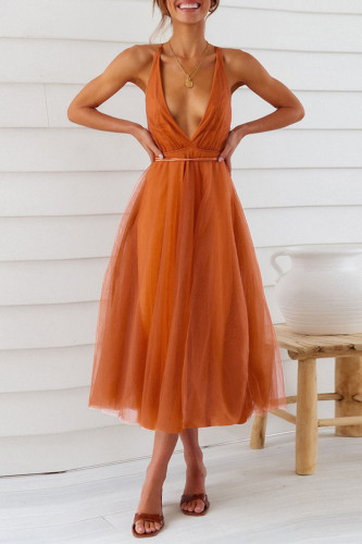 Sexy Formal Solid Frenulum Backless Mesh V Neck Evening Dresses