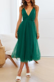 Sexy Formal Solid Frenulum Backless Mesh V Neck Evening Dresses