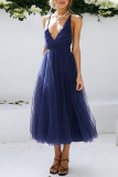 Sexy Formal Solid Frenulum Backless Mesh V Neck Evening Dresses