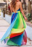 Sexy Vacation Striped Print Backless Contrast V Neck Sling Dresses