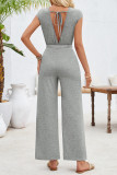 Sweet Daily Solid Hollowed Out Fold O Neck Loose Jumpsuits