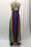 Sexy Vacation Striped Print Backless Contrast V Neck Sling Dresses