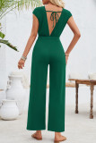Sweet Daily Solid Hollowed Out Fold O Neck Loose Jumpsuits