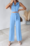 Casual Daily Solid Frenulum Turndown Collar Sleeveless Two Pieces
