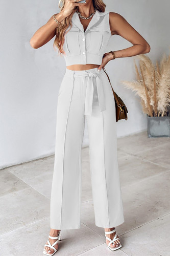 Casual Daily Solid Frenulum Turndown Collar Sleeveless Two Pieces