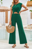 Sweet Daily Solid Hollowed Out Fold O Neck Loose Jumpsuits