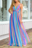 Sexy Vacation Striped Print Backless Contrast V Neck Sling Dresses
