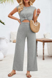 Sweet Daily Solid Hollowed Out Fold O Neck Loose Jumpsuits
