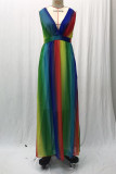 Sexy Vacation Striped Print Backless Contrast V Neck Sling Dresses