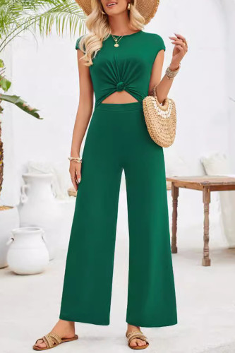 Sweet Daily Solid Hollowed Out Fold O Neck Loose Jumpsuits