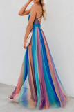 Sexy Vacation Striped Print Backless Contrast V Neck Sling Dresses