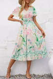 Elegant Floral Fold V Neck A Line Dresses