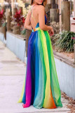 Sexy Vacation Striped Print Backless Contrast V Neck Sling Dresses