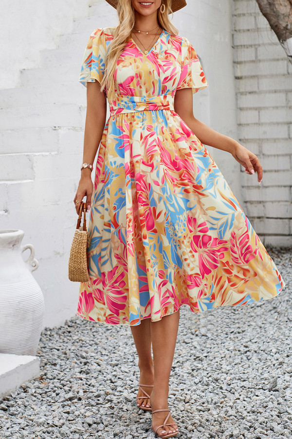 Elegant Floral Fold V Neck A Line Dresses